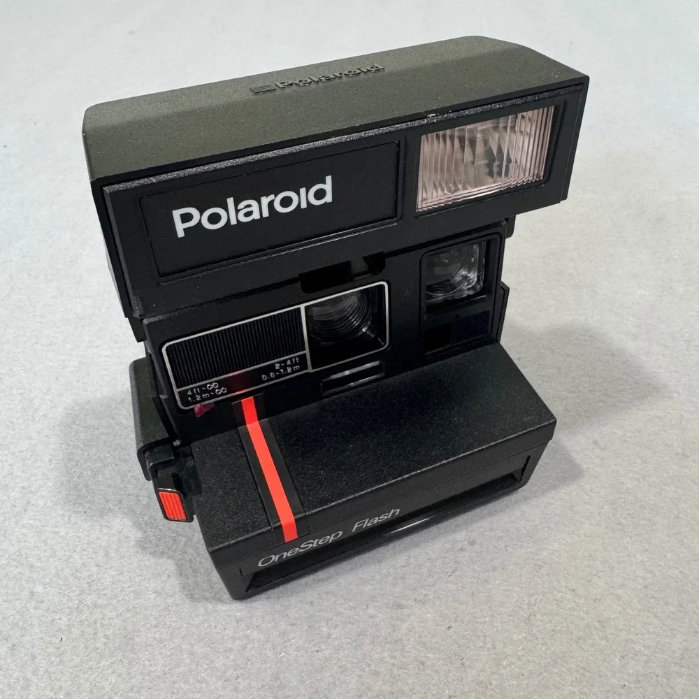 Polaroid OneStep Flash Camera Black Vintage 600 Series Red Stripe Works